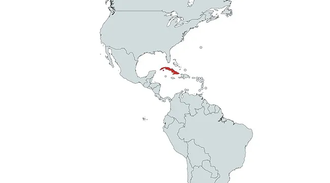 Map of the Americas highlighting Cuba in red, focusing on naming countries in the Americas geography quiz.