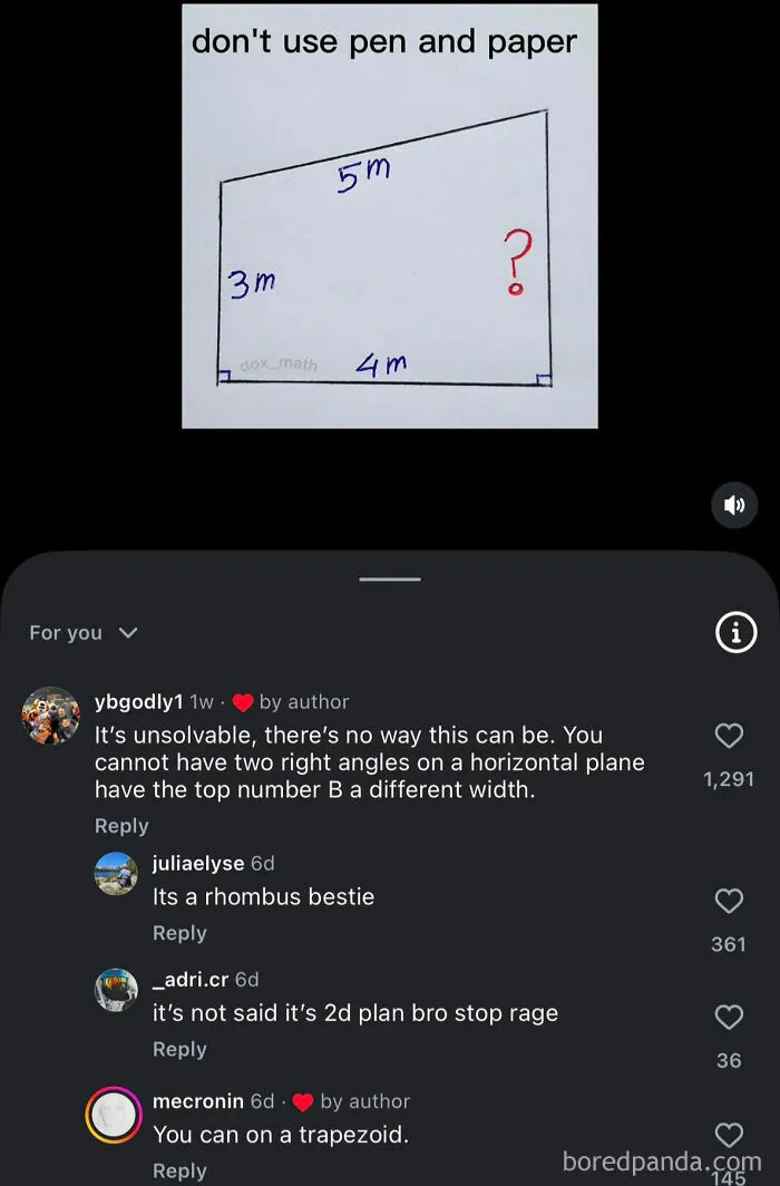 Math problem with trapezoid and 2 right angles sparking funny comments exposing uncultured and ignorant Americans.