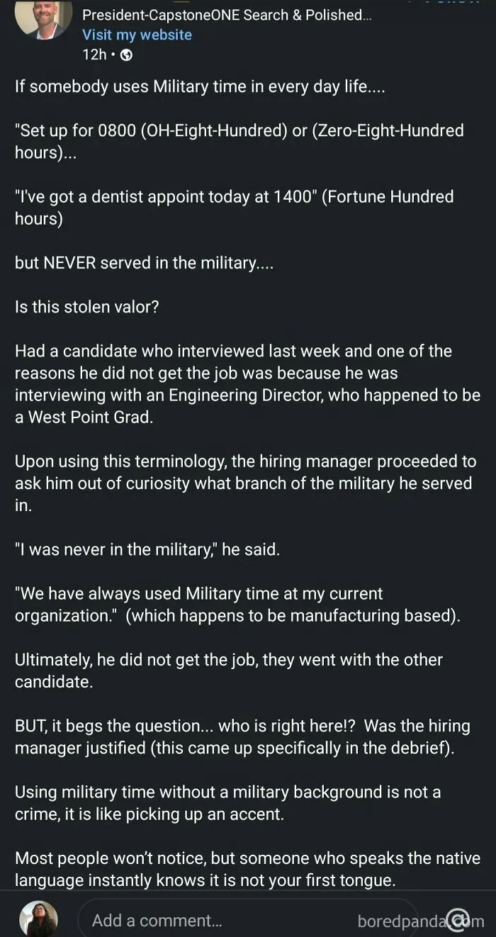 Social media post discussing military time use and exposing uncultured and ignorant Americans in everyday situations.
