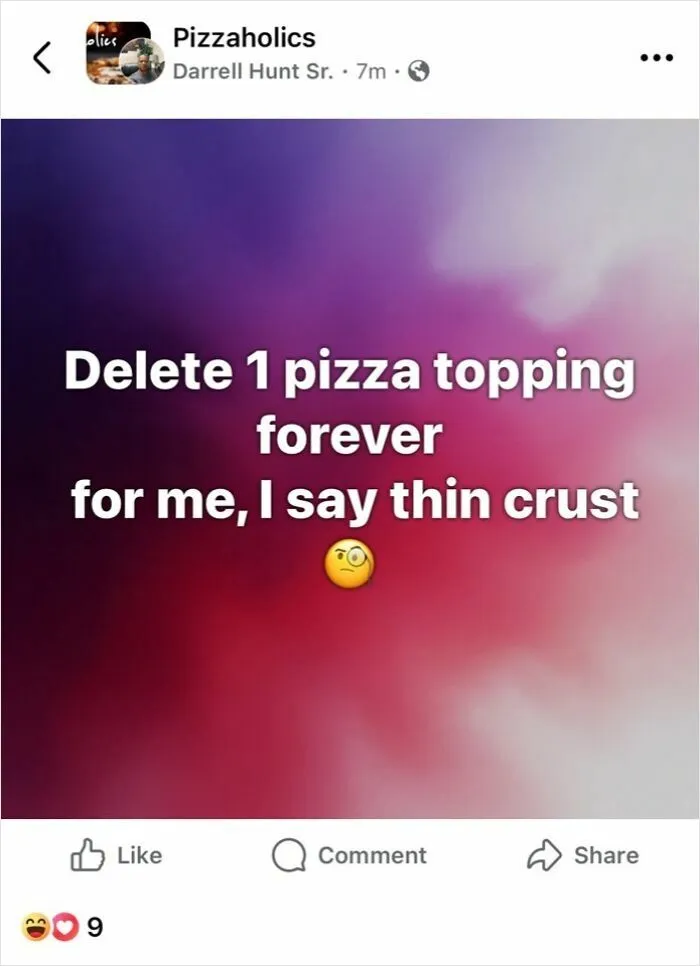 Social media post humor about pizza preferences, highlighting uncultured and ignorant Americans in a funny way.