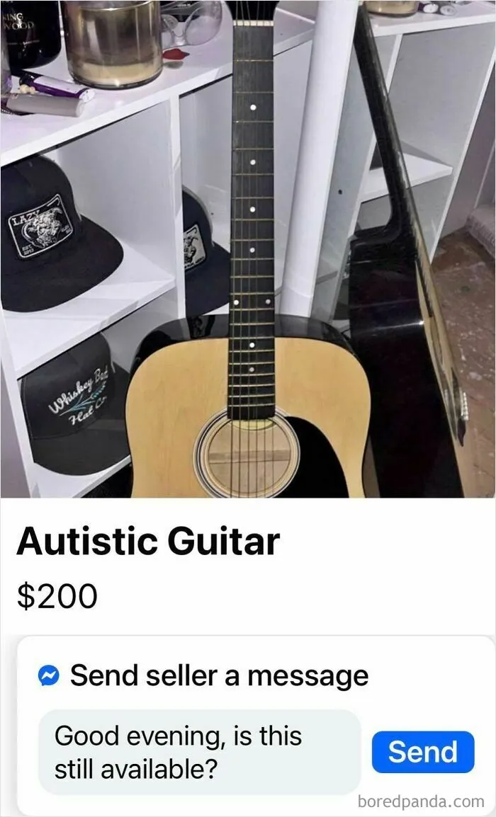 Acoustic guitar listed online with a misspelled title, illustrating uncultured and ignorant Americans humor.