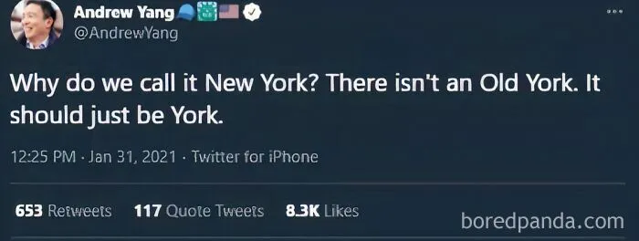 Tweet by Andrew Yang humorously highlighting uncultured and ignorant Americans questioning why New York is called New York.