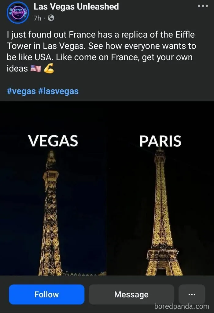 Replica of the Eiffel Tower in Las Vegas compared to the original in Paris, highlighting uncultured and ignorant Americans.