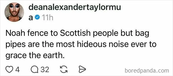 Screenshot of a social media post humorously highlighting American ignorance about Scottish culture and bagpipes noise.