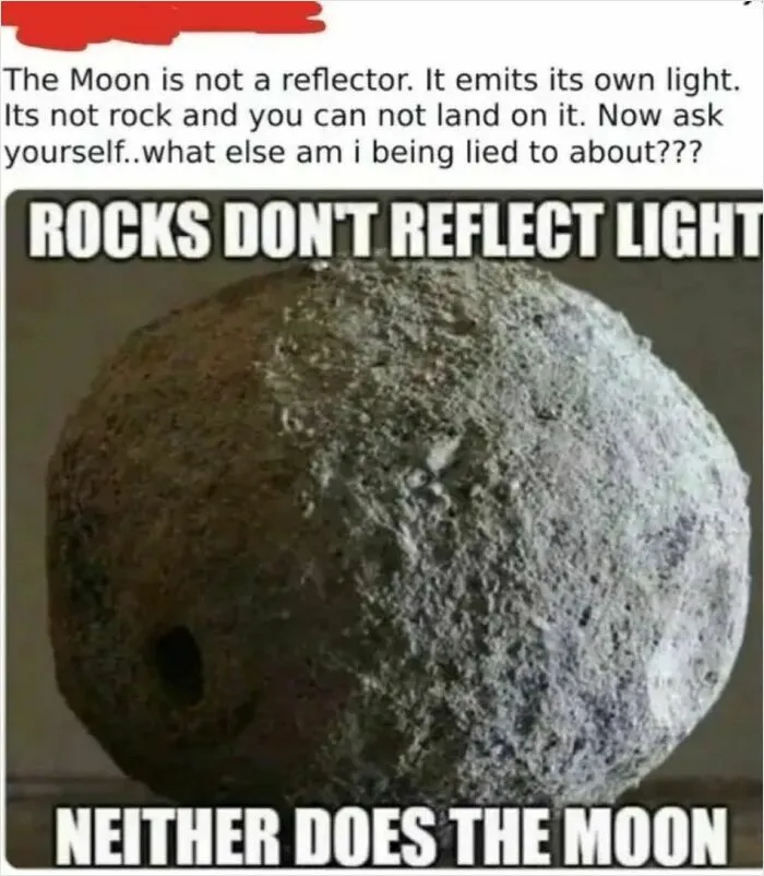 Image showing a textured rock with text humorously exposing uncultured and ignorant misconceptions about the moon's light.