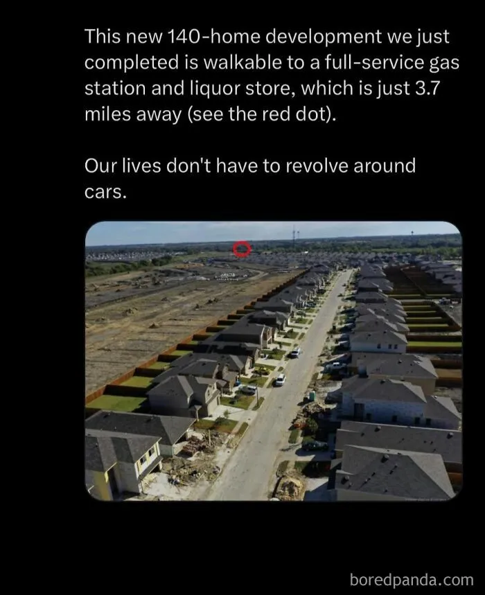 A suburban housing development with new homes and a distant gas station marked, showing uncultured and ignorant Americans.