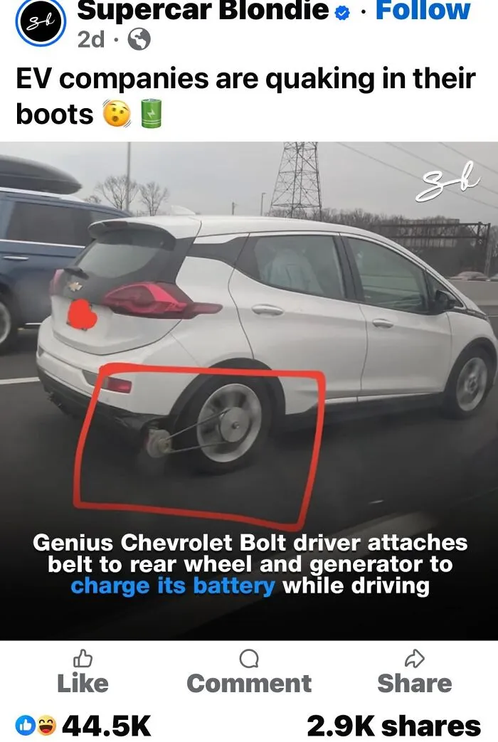 Electric car with a belt-driven generator on rear wheel, showcasing uncultured and ignorant behavior in America.