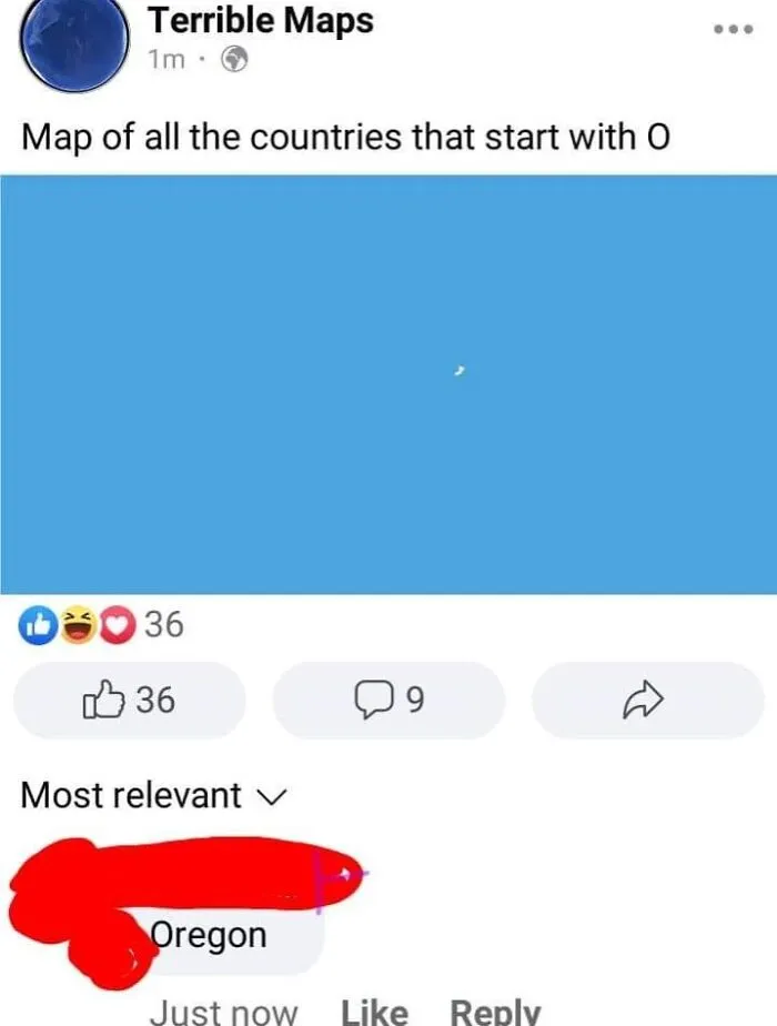 Screenshot of a humorous social media post about ignorant Americans confusing Oregon as the only country starting with O.