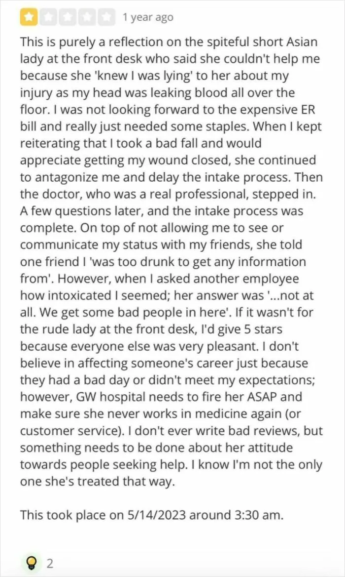 One-star review of hospital front desk behavior with complaints from a delusional customer sharing their experience.