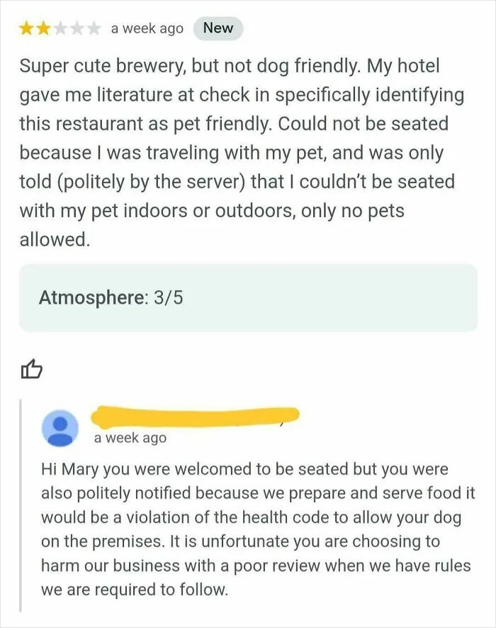 Giving A Restaurant A Bad Review Because They Don't Allow Dogs