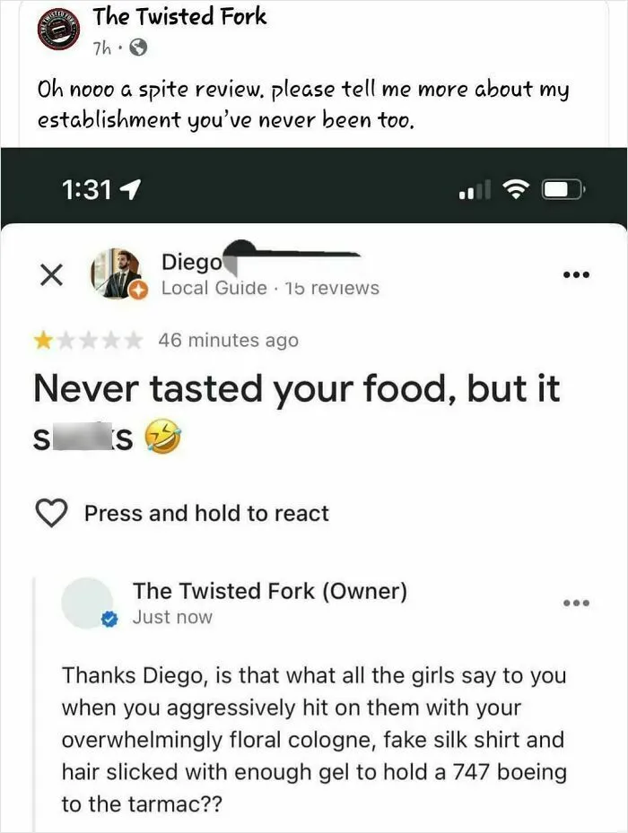 Screenshot of a delusional customer review with a sarcastic owner response on a local guide platform.