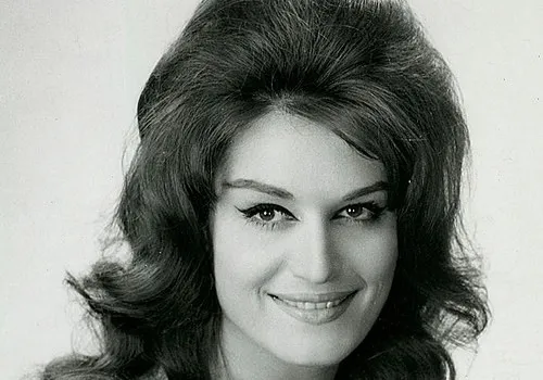 Black and white portrait of Dalida, famous French singer known as the Little Sparrow in the 1950s.