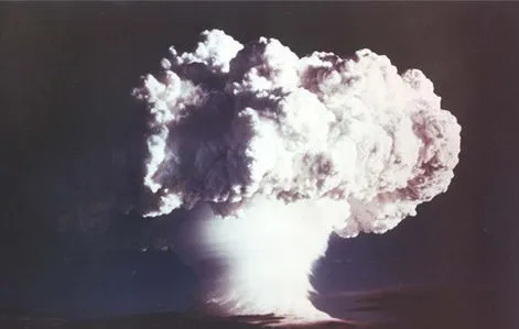 Mushroom cloud from the first successful hydrogen bomb detonation by scientists in 1952 during the 50s general knowledge era.