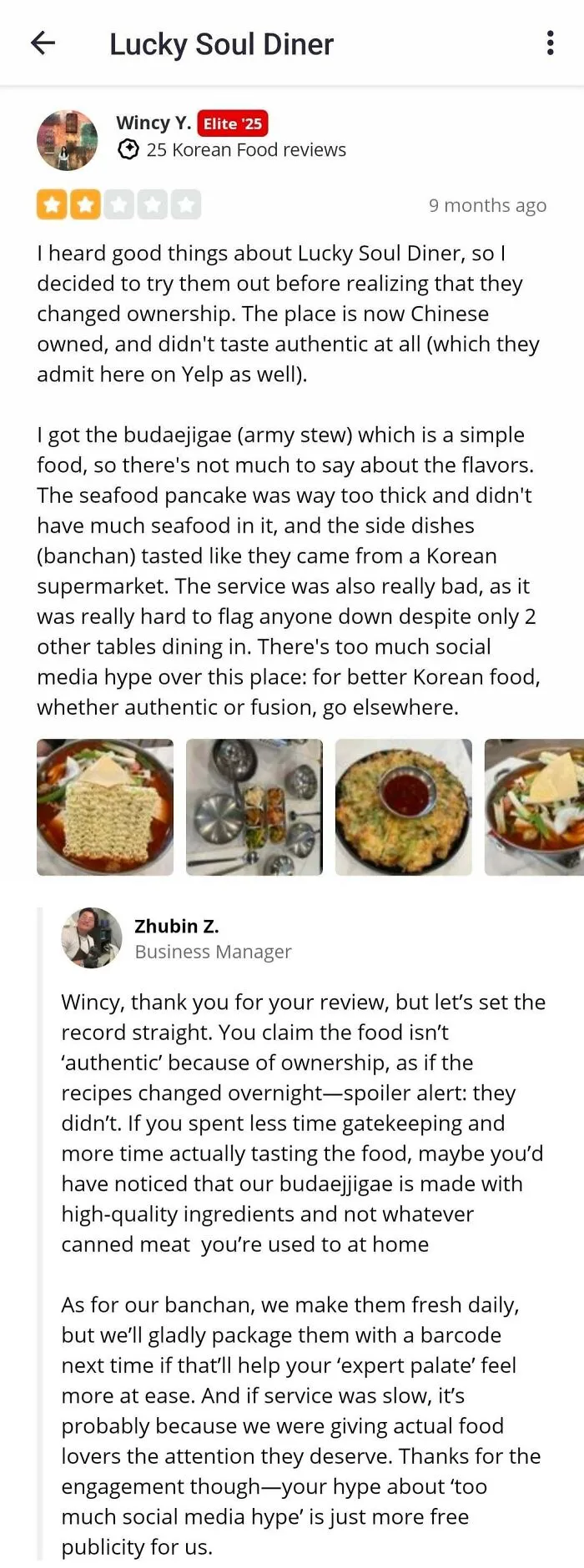 Customer review and business reply showing delusional customers trying to settle issues via online reviews with food images included.