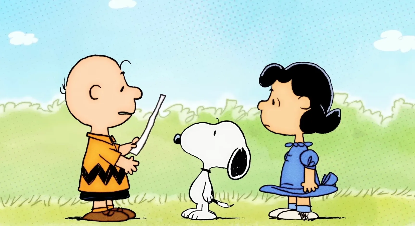 Charlie Brown, Snoopy, and Lucy from Peanuts comic strip created by American cartoonist in the 1950s.