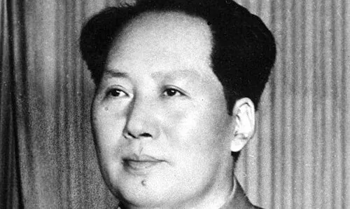 Black and white photo of Mao Zedong, central figure in the 1958 Chinese political campaign for socialist industrialization.