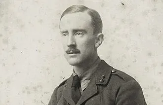 Portrait of British author J.R.R. Tolkien in military uniform, known for The Lord of the Rings trilogy.
