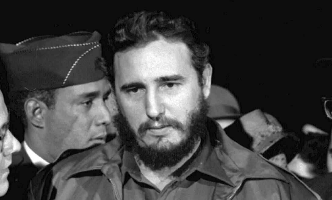 Black and white photo of Fidel Castro, key figure in the 1959 Cuban revolution in the Caribbean nation.