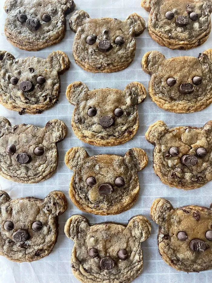 Bear face chocolate chip cookies on parchment paper