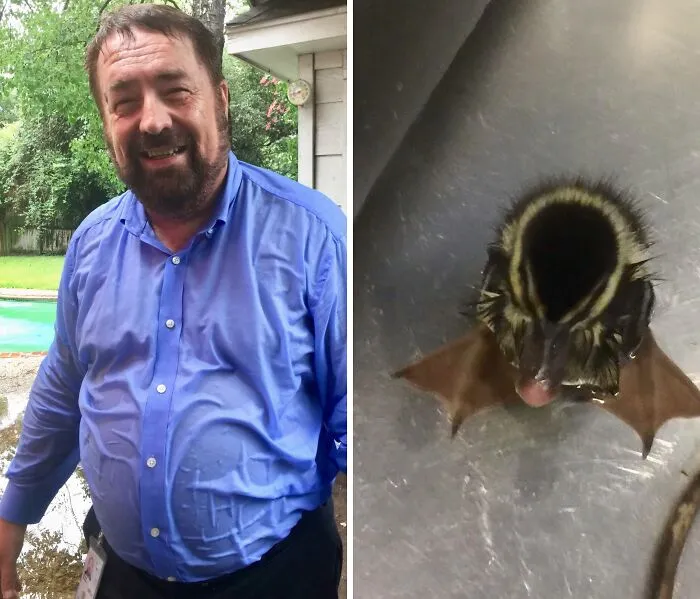 Man smiling outdoors next to a rescued baby bat with wet fur, symbolizing animals saved from awful conditions and given a second chance.