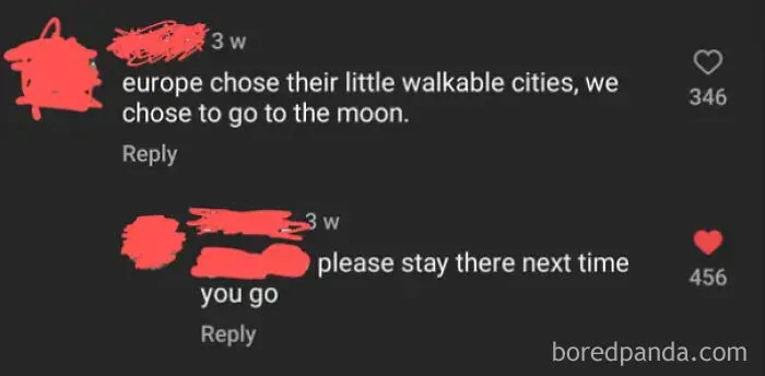 Comment debate about walkable cities showing how Americans confidently posted funny takes.
