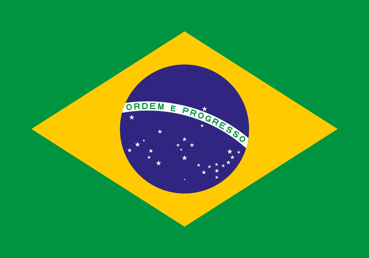 Brazil flag with green background, yellow diamond, and blue globe featuring stars and the motto Ordem e Progresso.