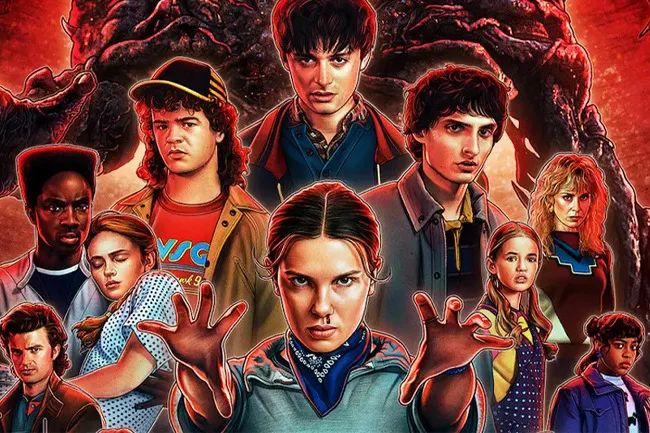 Stranger Things main characters in intense poses with dark creature looming behind in a dramatic red background.