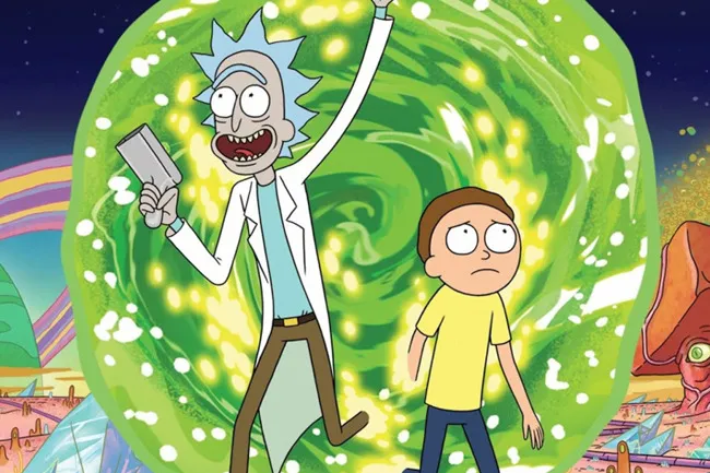 Rick and Morty standing in front of a glowing green portal in a colorful animated sci-fi landscape.