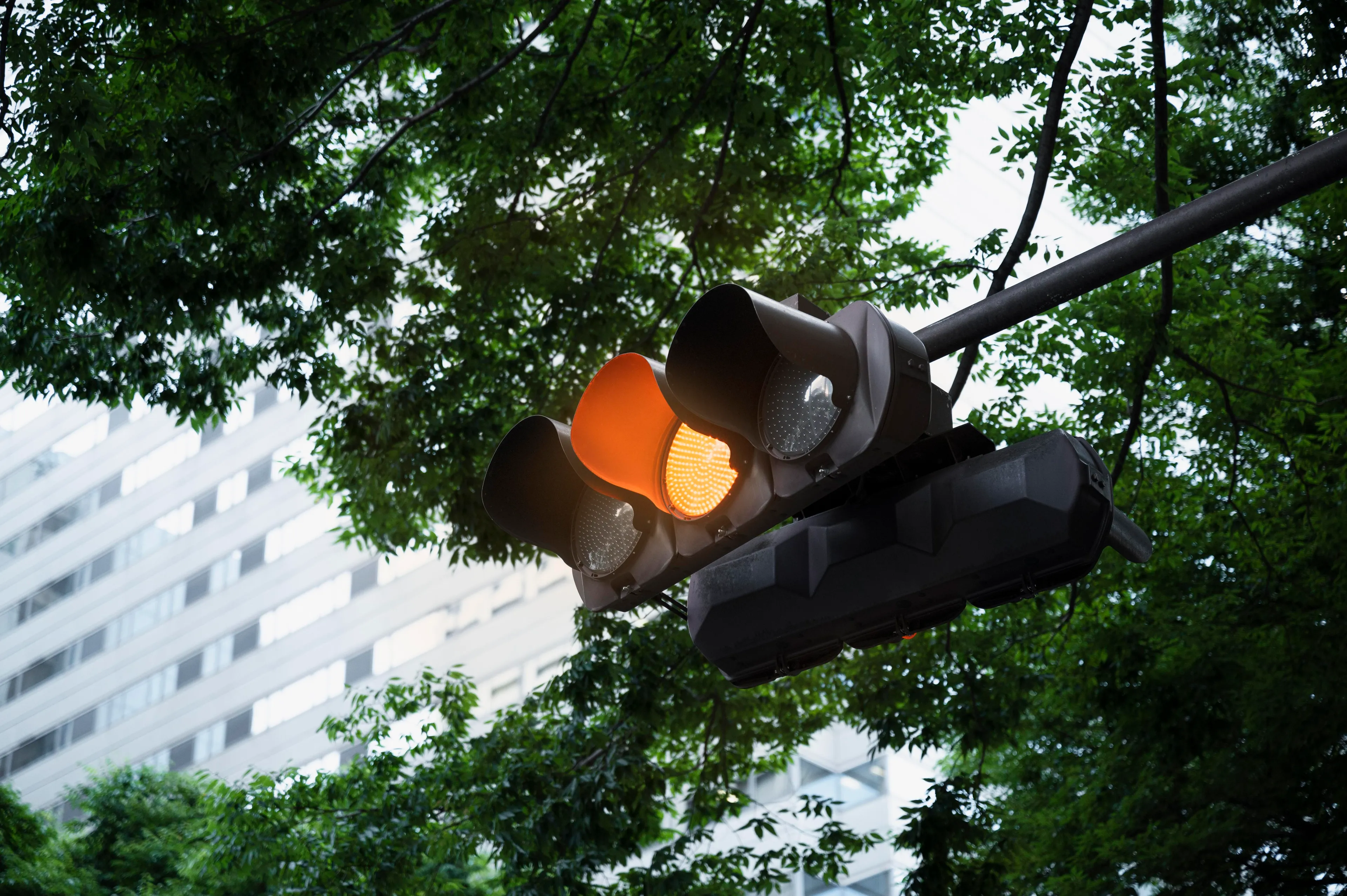Traffic light turning yellow at intersection with trees and buildings, symbolizing control of urges and decision making.