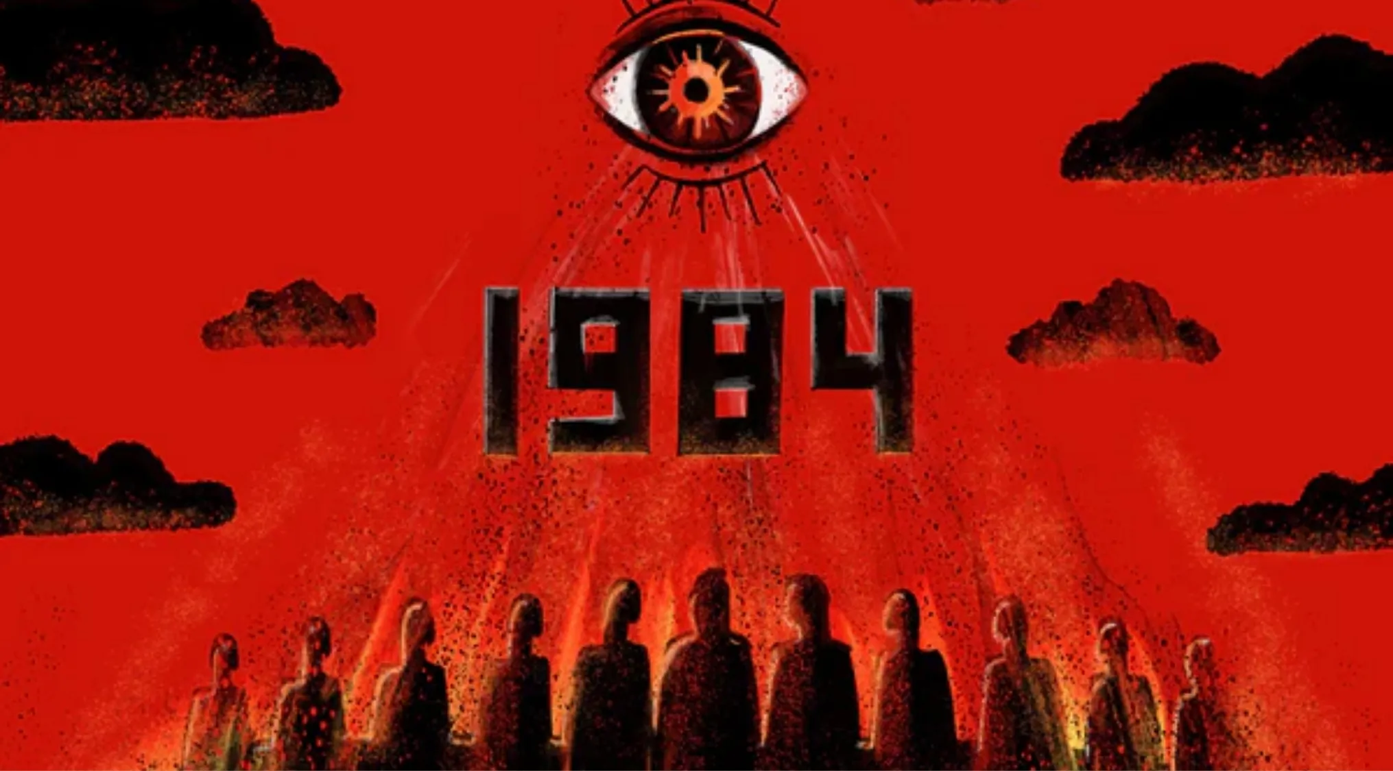 Dark silhouettes under a large all-seeing eye with the numbers 1984 in bold on a red background, general knowledge theme.