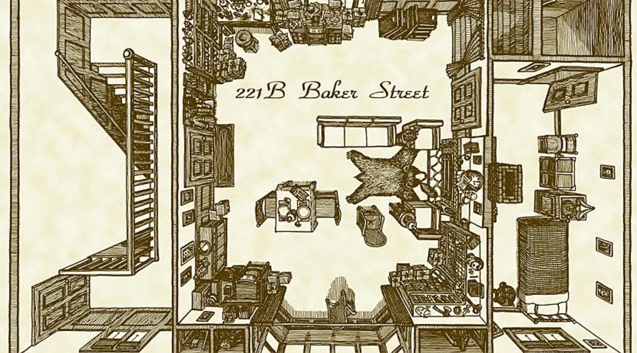 Detailed floor plan illustration of 221B Baker Street, the famous detective Sherlock Holmes' residence.