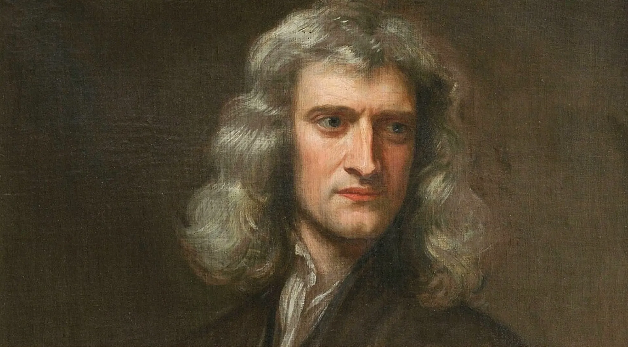 Portrait of scientist Isaac Newton with long curly hair, known for discovering gravity after observing a falling apple.