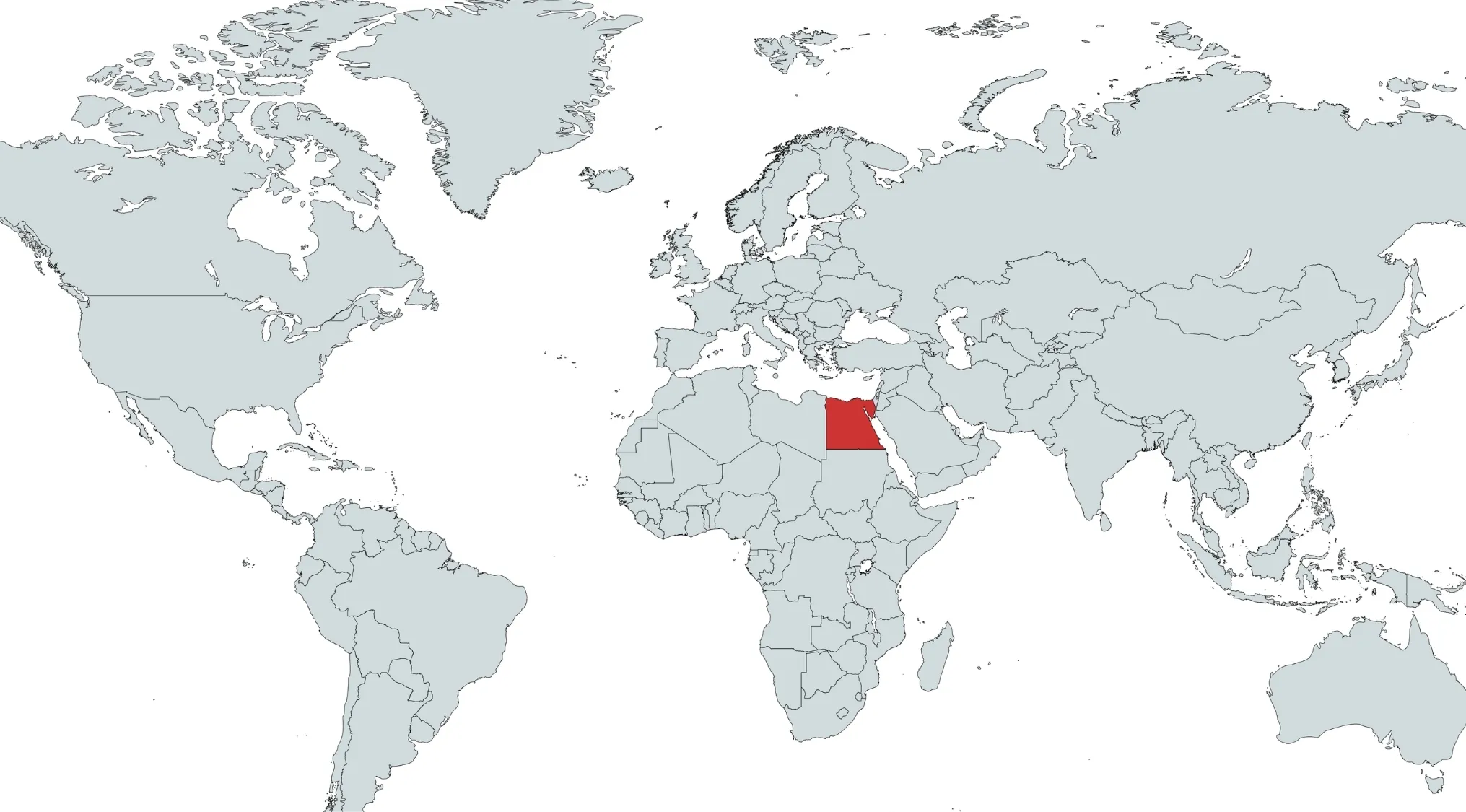 World map showing Egypt highlighted in red for a general knowledge country identification quiz.