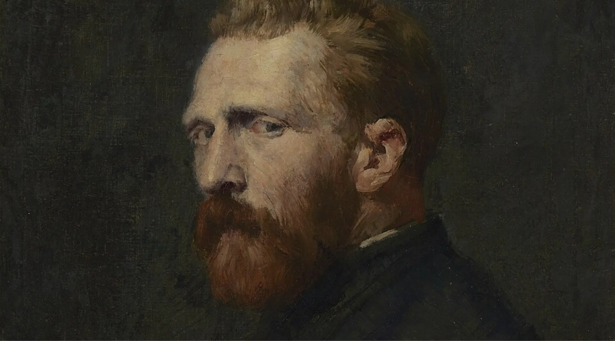 Portrait of an artist with a red beard and a cut ear on a dark background, related to famous artist who cut off his own ear.