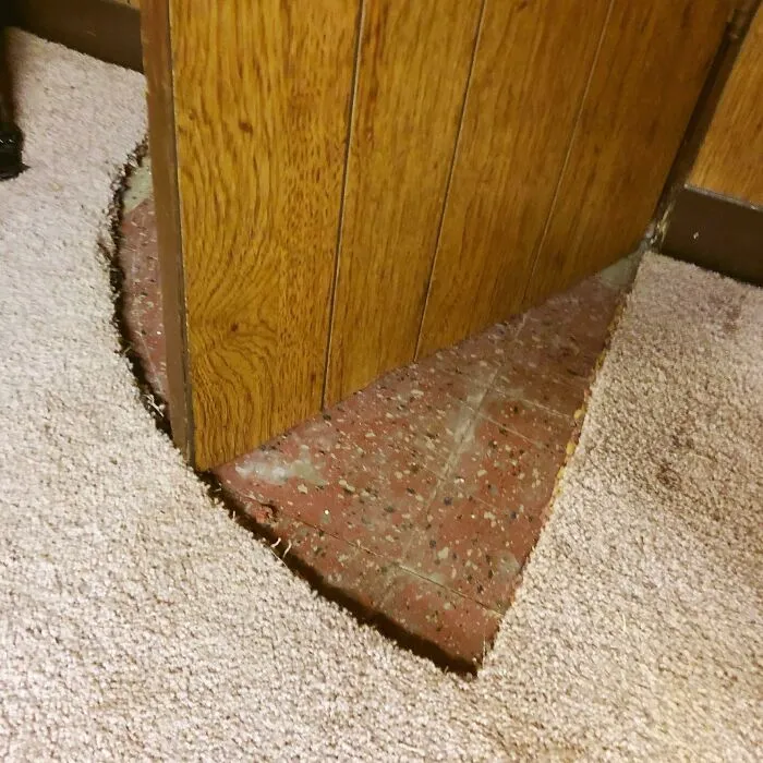 The Way They Cut The Carpet To Make This Door Open Instead Of Just Cutting The Door (Found In Basement Of Newly Bought House)