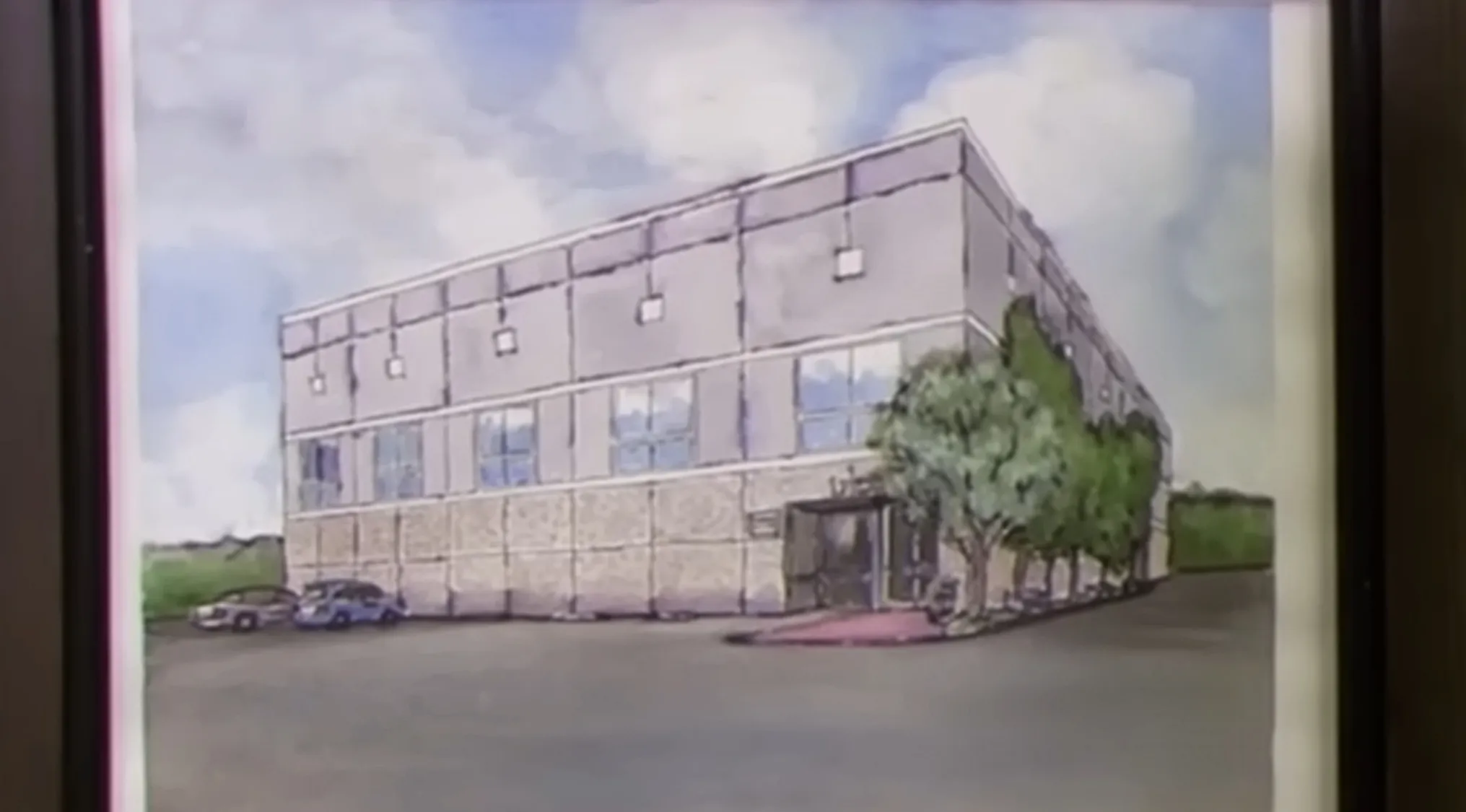 Painting of a commercial building with cars and trees outside featured in a TV show props quiz.