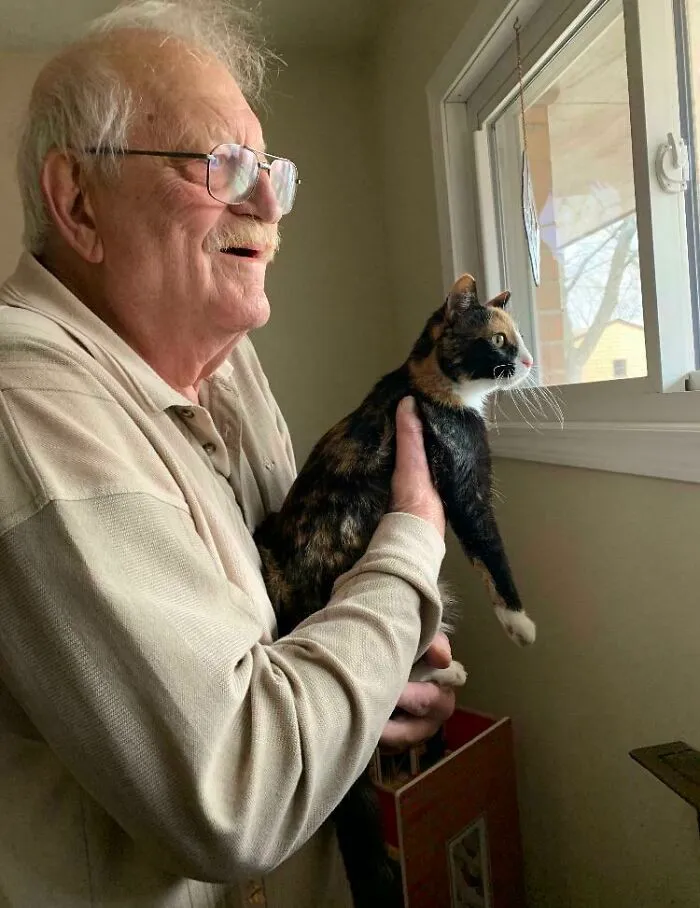 Mi papá gruñón cuando levanta al gato para que pueda mirar por la ventana.