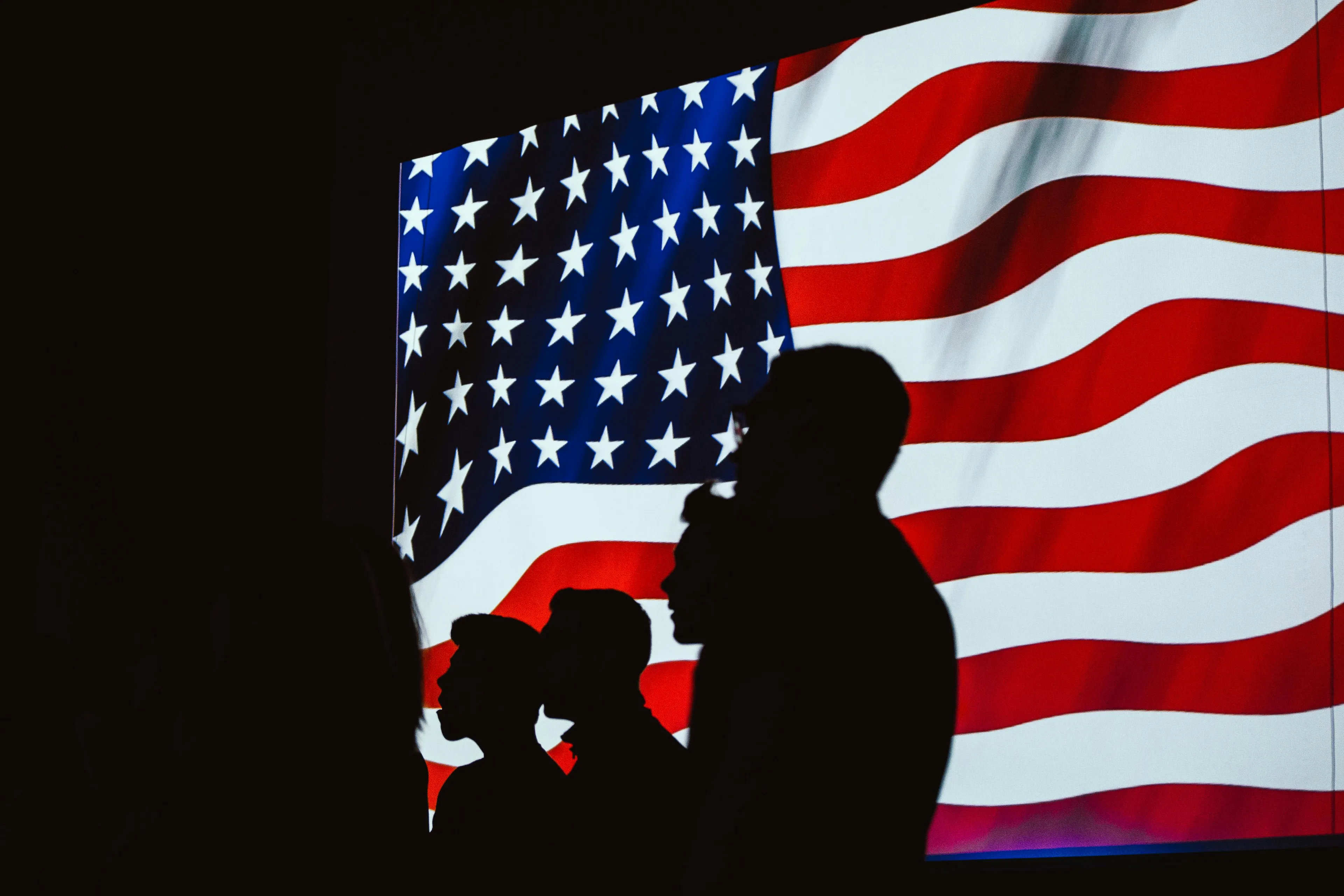 Silhouettes of people in front of a large American flag representing U.S. Senate powers in government and politics quiz.