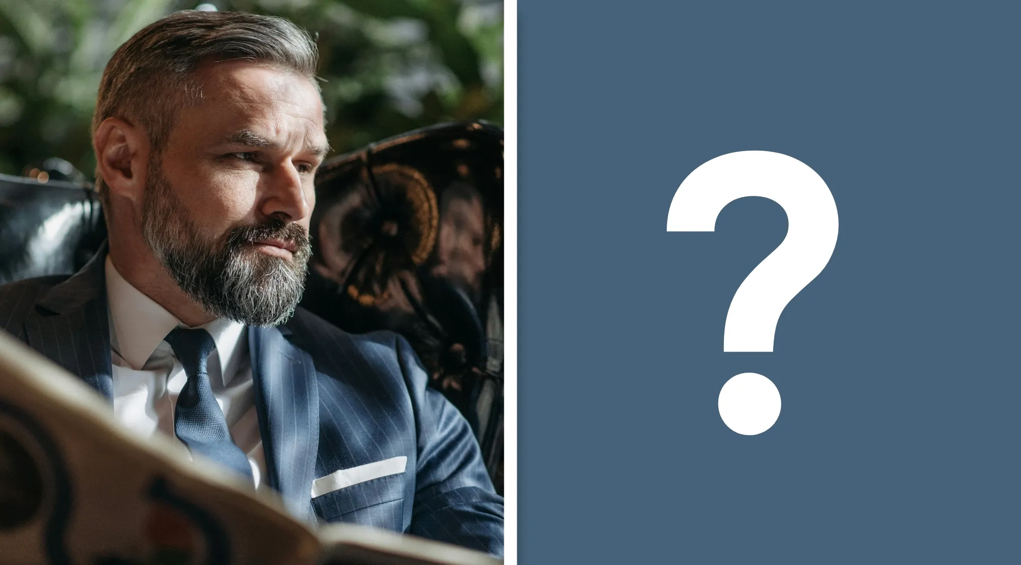 Man in suit deep in thought beside a blue background with a question mark, representing government and legislative checks.