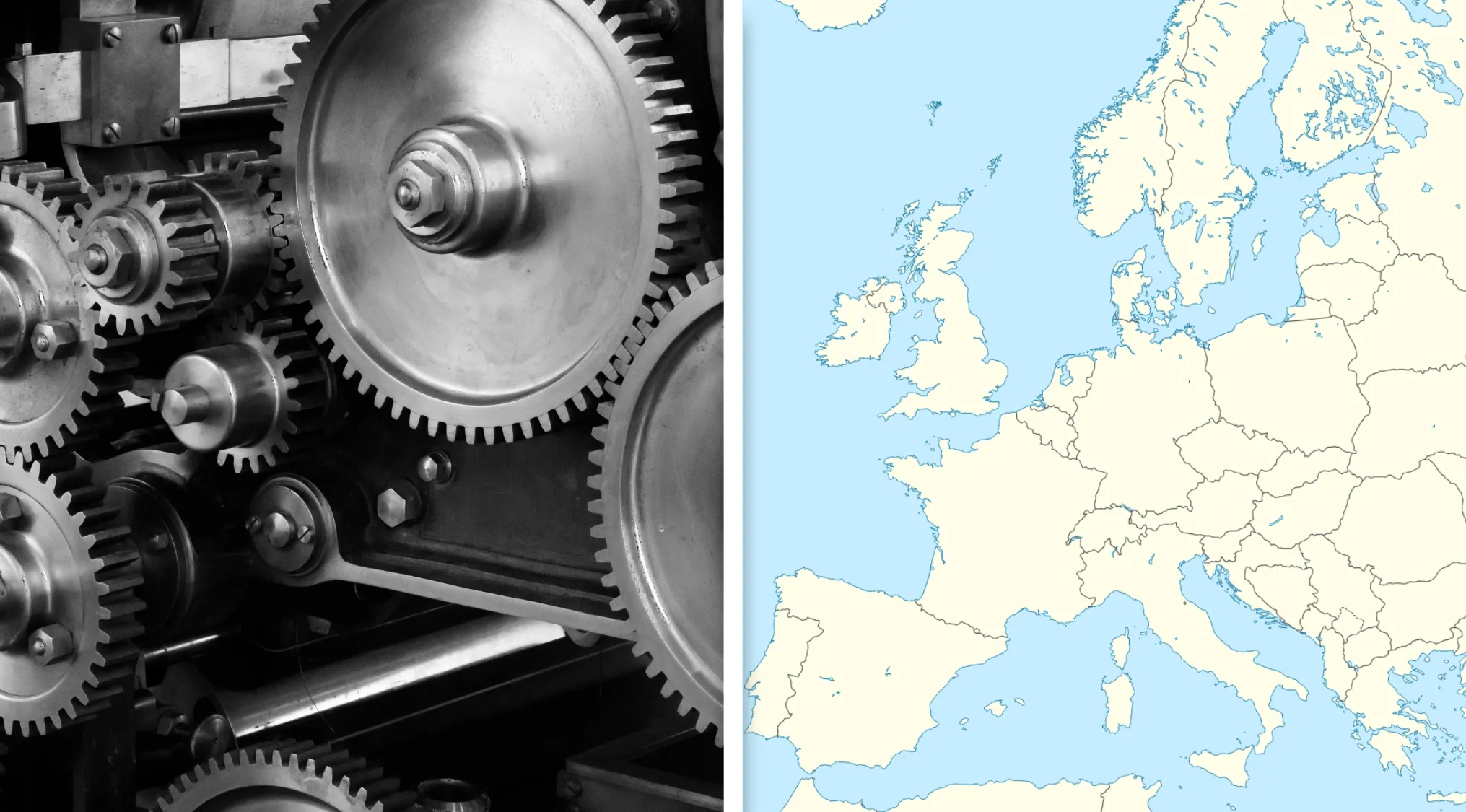 Close-up of metal gears alongside a map of Europe representing the Industrial Revolution in Europe history quiz.