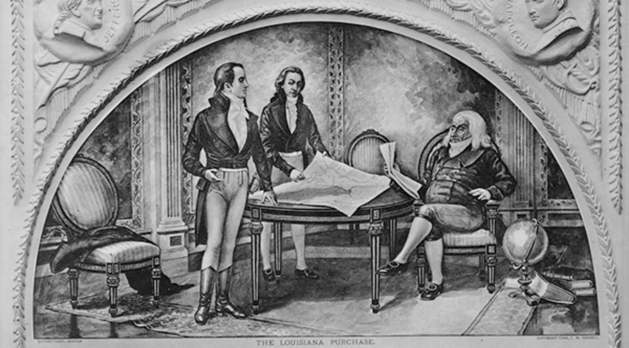Historical illustration depicting key figures negotiating the Louisiana Purchase and its impact on US history.