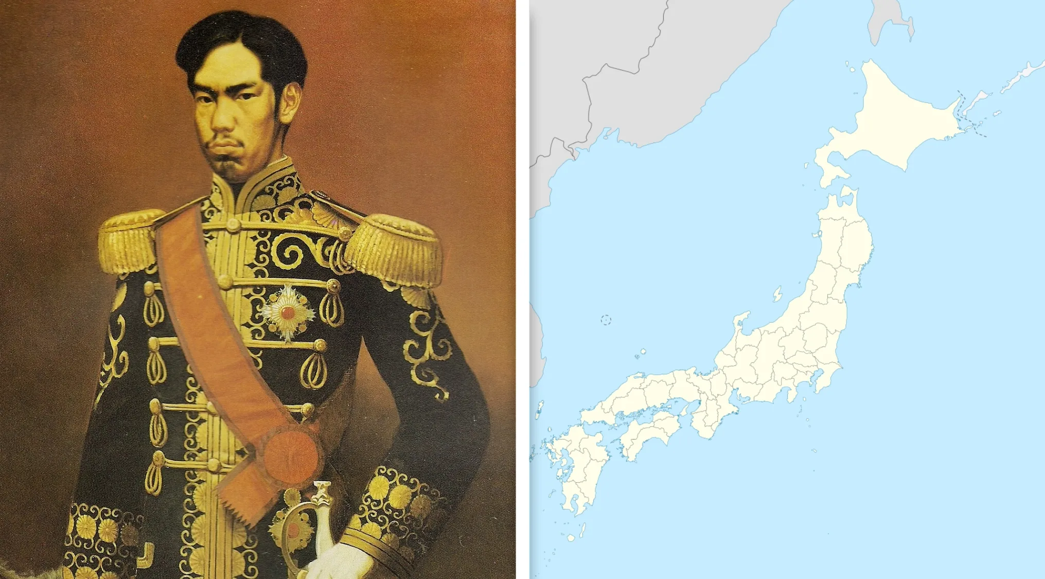 Portrait of Emperor Meiji in military uniform beside a map of Japan representing the Meiji Restoration in Japan.