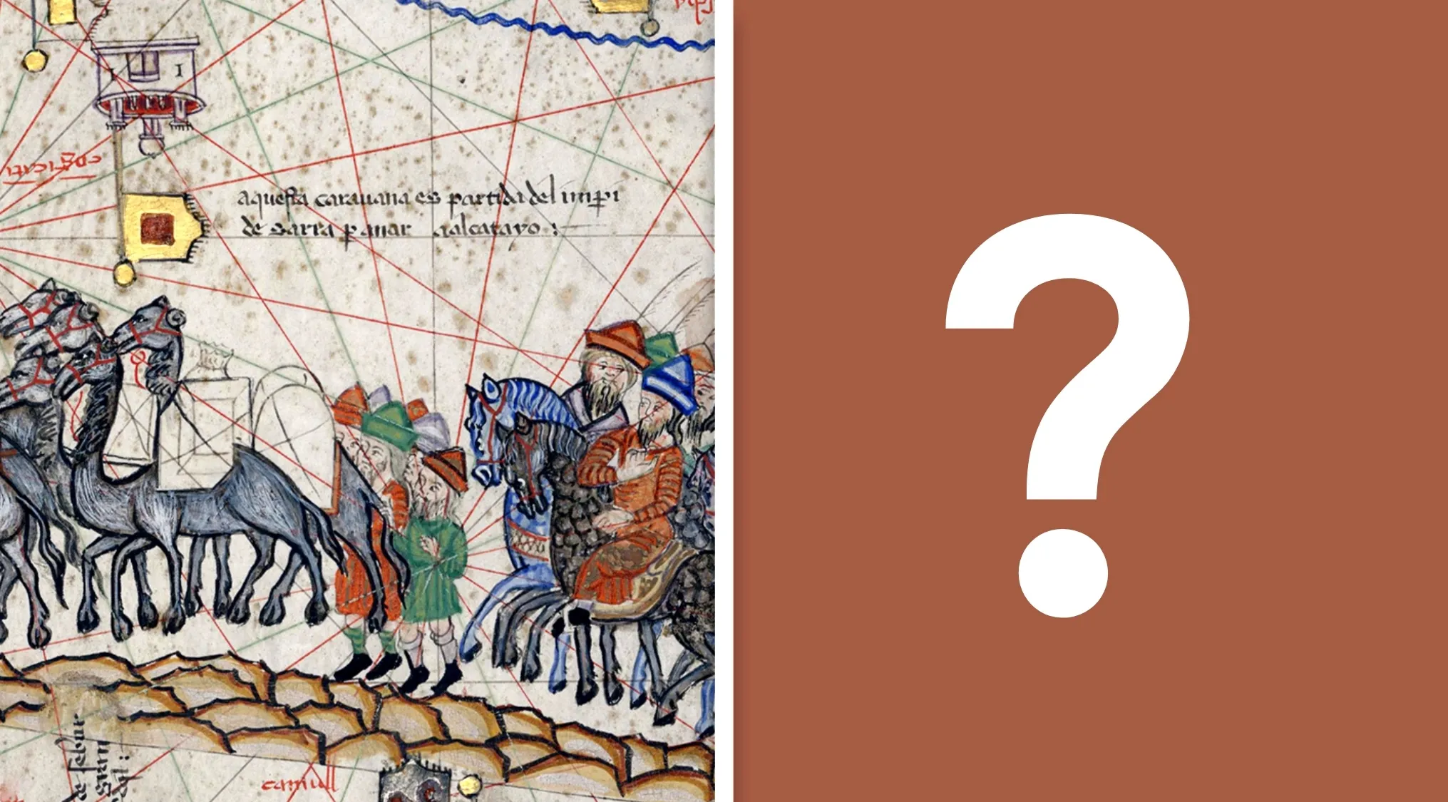 Medieval map illustration showing traders and travelers on the Silk Road, significant in world history trade routes.