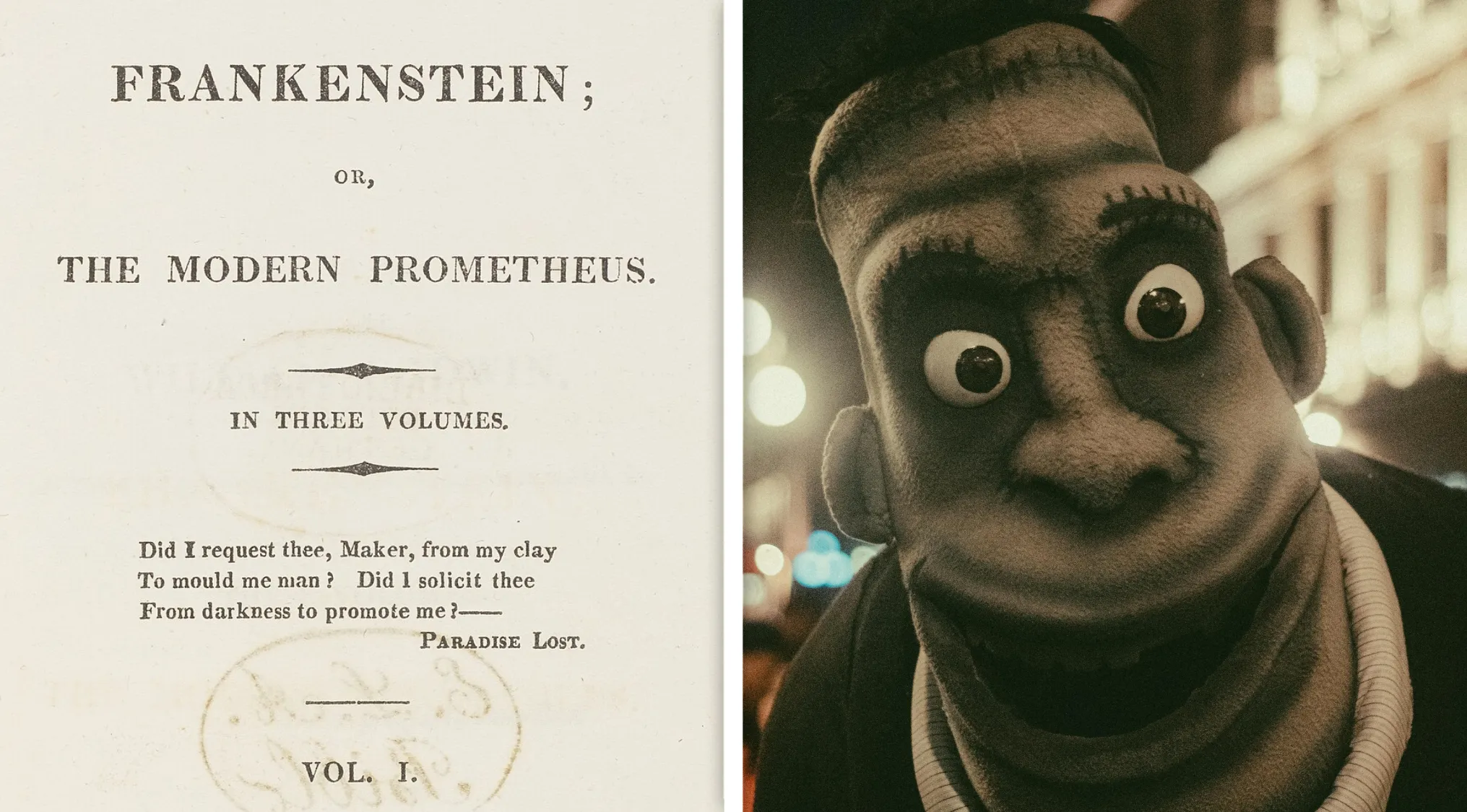 Old Frankenstein book title page on left, creepy Frankenstein monster mask with large eyes on right, Advanced Placement quiz theme.