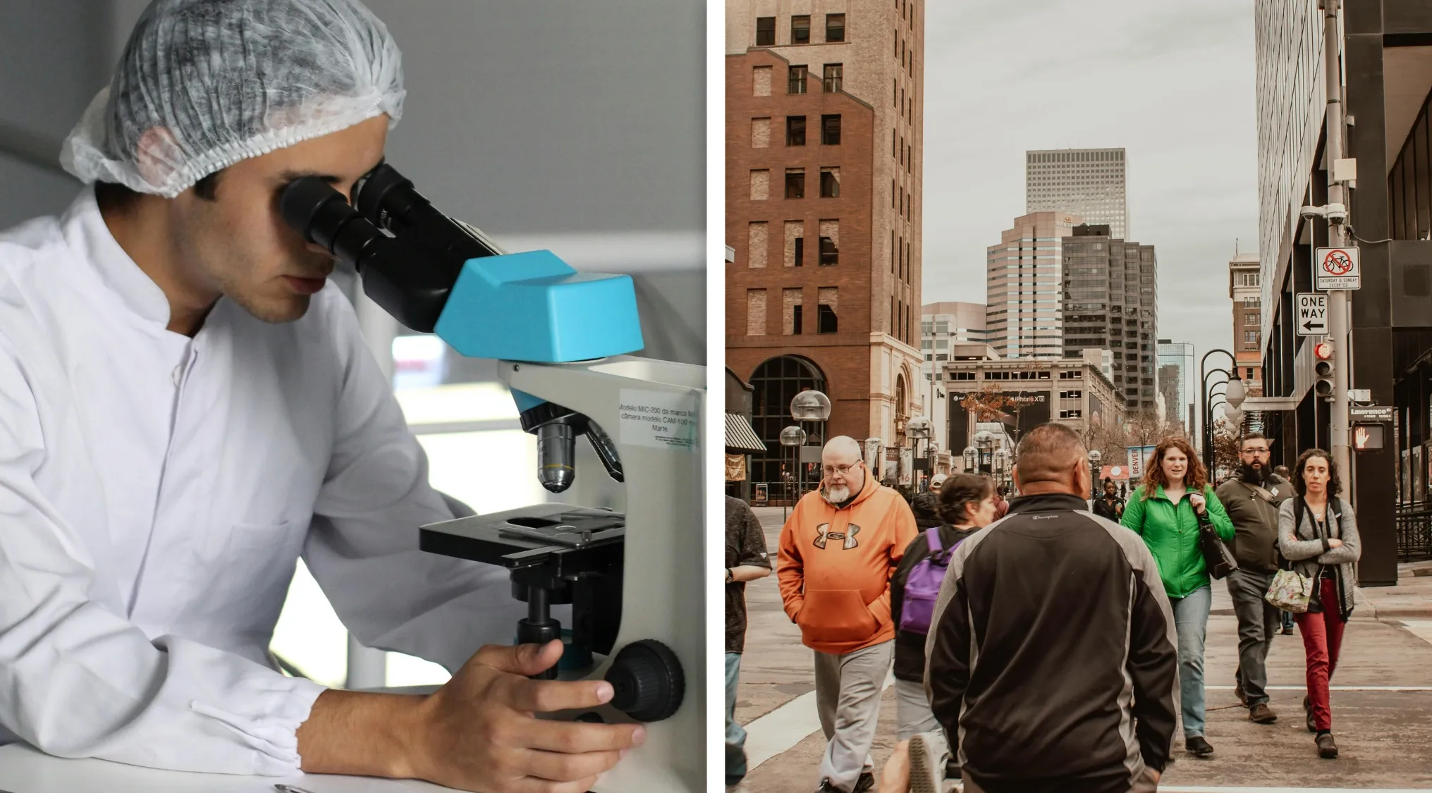 Scientist using a microscope in a lab contrasted with diverse people walking in a city street, showing scientific advancements and societal change.