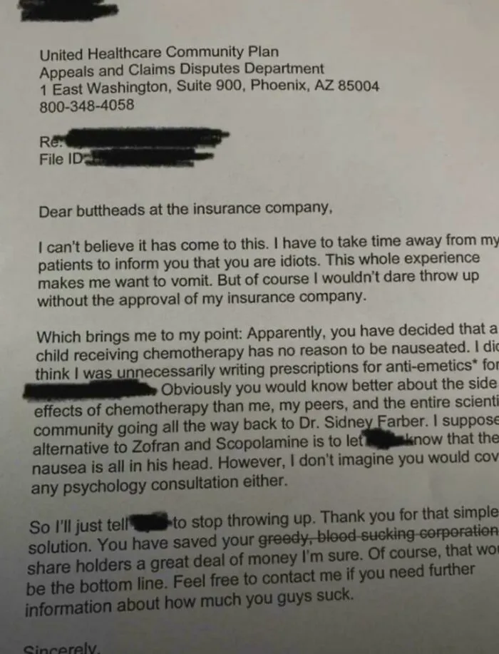 Doctor’s Letter To United Health After They Denied Chemo Kid’s Anti Nausea Meds
