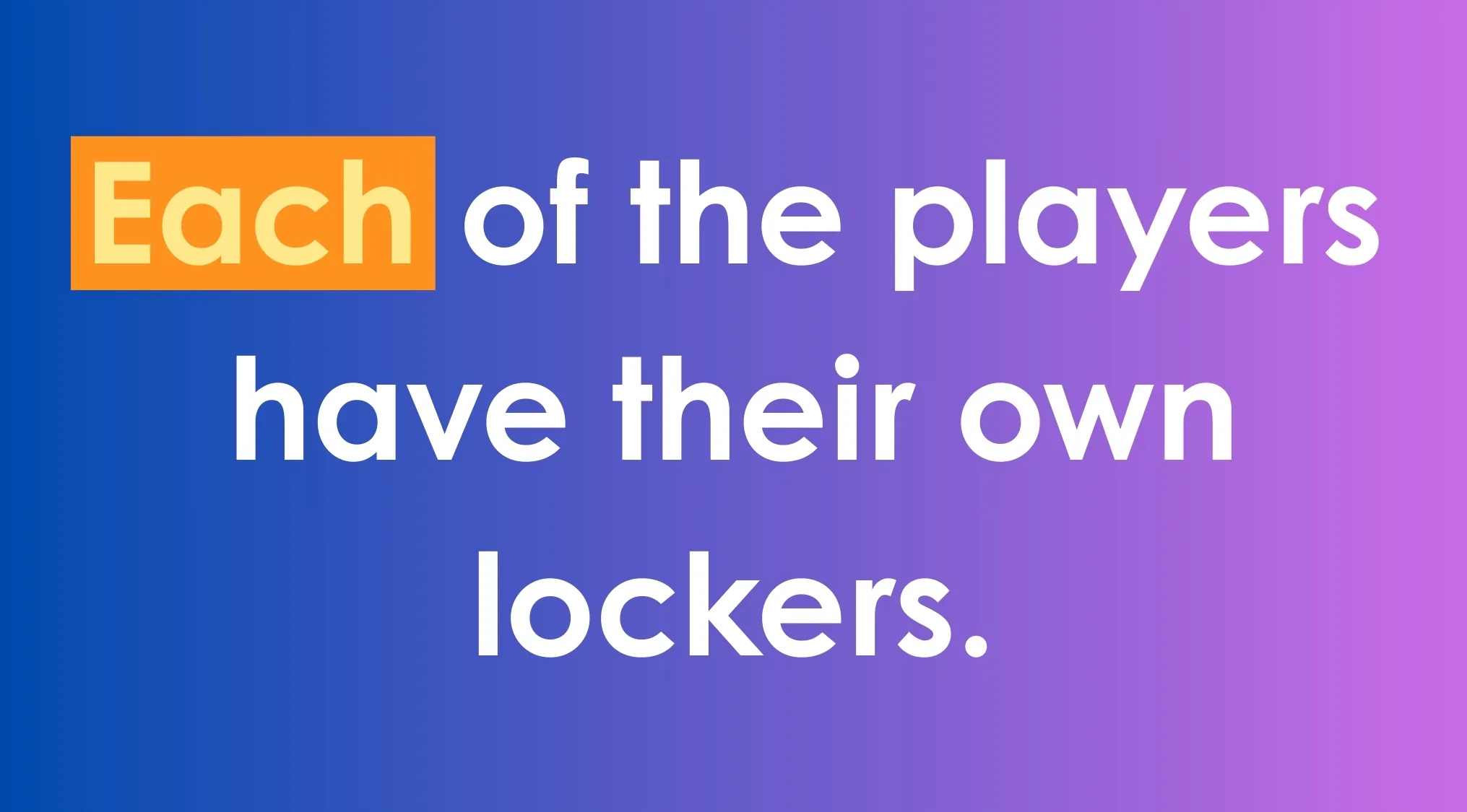 Sentence fix example with the highlighted word Each emphasized in orange on a blue to purple gradient background.