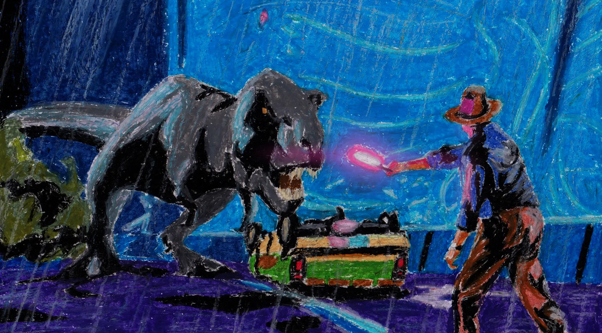 Fan art depicting a man facing a roaring dinosaur inside a glowing blue environment from popular movies behind fan art.