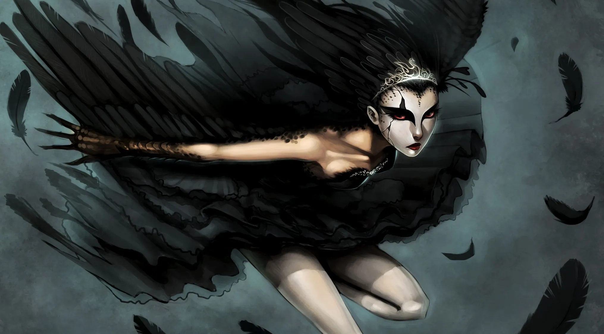Dark ballerina fan art inspired by a famous movie featuring a mysterious figure surrounded by black feathers in flight.