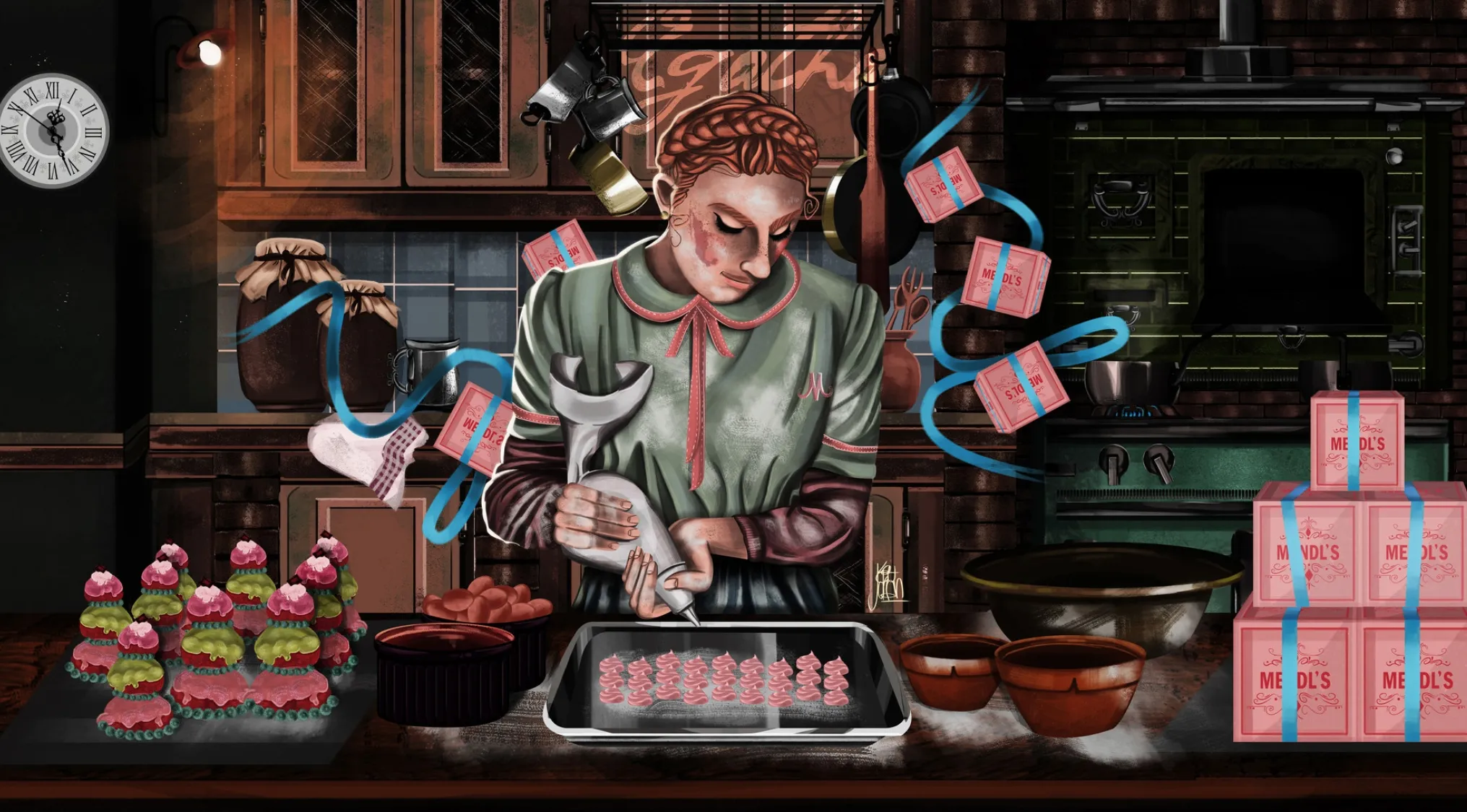 Fan art of a woman baking pink pastries in a vintage kitchen inspired by an iconic movie scene.